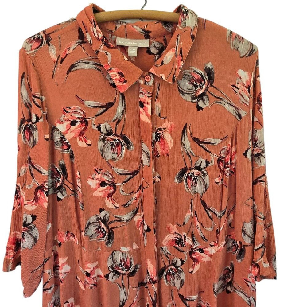 Woman Within Dark Peach Floral Print Dress 22W Roll Tab Sleeves Button Front - Picture 8 of 14